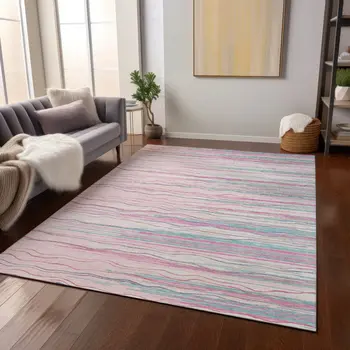 5' X 8' Pink Blue And Purple Striped Washable Indoor Outdoor Area Rug