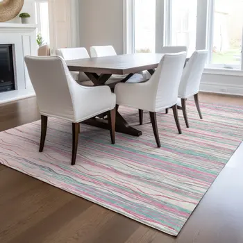 8' X 10' Pink Blue And Purple Striped Washable Indoor Outdoor Area Rug