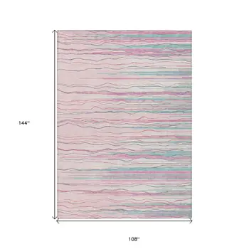 9' X 12' Pink Blue And Purple Striped Washable Indoor Outdoor Area Rug