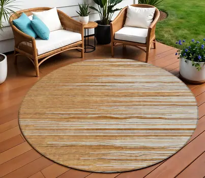 8' Brown Copper And Ivory Round Striped Washable Indoor Outdoor Area Rug