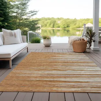 10' X 14' Brown Copper And Ivory Striped Washable Indoor Outdoor Area Rug