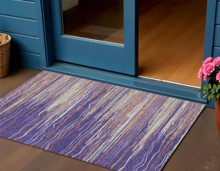 3' X 5' Purple Copper And Ivory Striped Washable Indoor Outdoor Area Rug