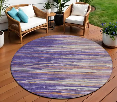 8' Purple Copper And Ivory Round Striped Washable Indoor Outdoor Area Rug