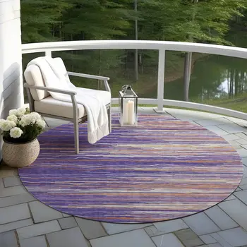 8' Purple Copper And Ivory Round Striped Washable Indoor Outdoor Area Rug