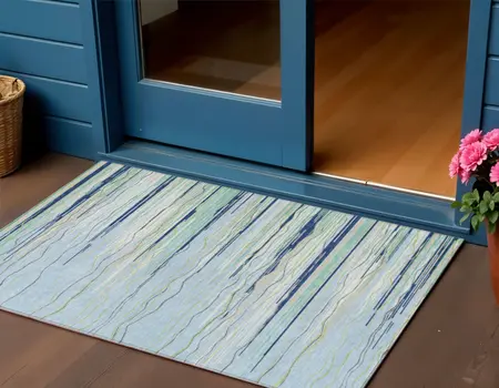 3' X 5' Sky Blue Aqua And Gray Striped Washable Indoor Outdoor Area Rug