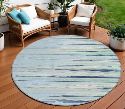8' Sky Blue Aqua And Gray Round Striped Washable Indoor Outdoor Area Rug