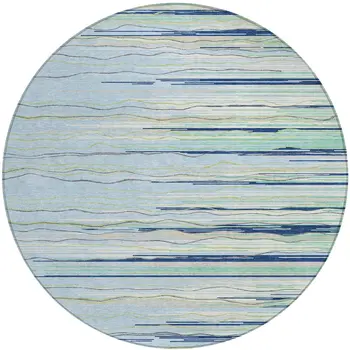 8' Sky Blue Aqua And Gray Round Striped Washable Indoor Outdoor Area Rug