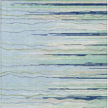 8' X 10' Sky Blue Aqua And Gray Striped Washable Indoor Outdoor Area Rug