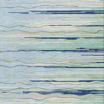 9' X 12' Sky Blue Aqua And Gray Striped Washable Indoor Outdoor Area Rug