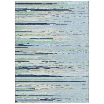 10' X 14' Sky Blue Aqua And Gray Striped Washable Indoor Outdoor Area Rug