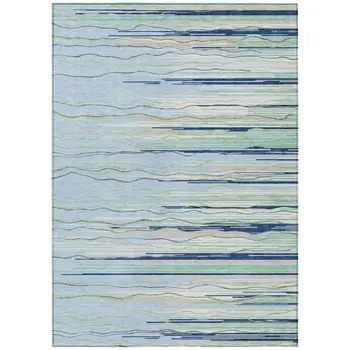 10' X 14' Sky Blue Aqua And Gray Striped Washable Indoor Outdoor Area Rug