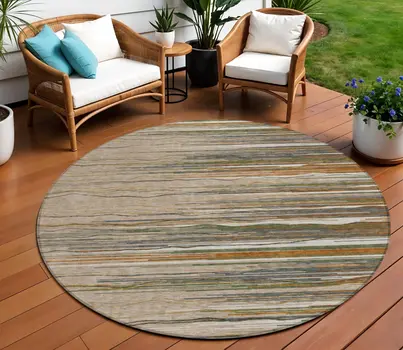 8' Taupe Copper And Green Round Striped Washable Indoor Outdoor Area Rug