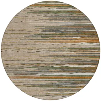 8' Taupe Copper And Green Round Striped Washable Indoor Outdoor Area Rug