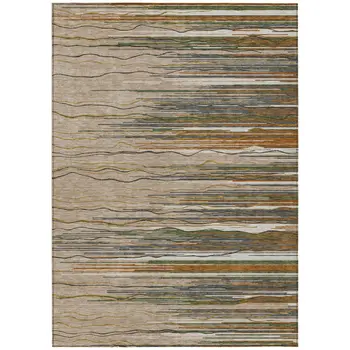 8' X 10' Taupe Copper And Green Striped Washable Indoor Outdoor Area Rug