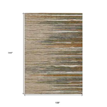 9' X 12' Taupe Copper And Green Striped Washable Indoor Outdoor Area Rug