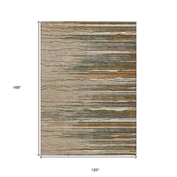 10' X 14' Taupe Copper And Green Striped Washable Indoor Outdoor Area Rug