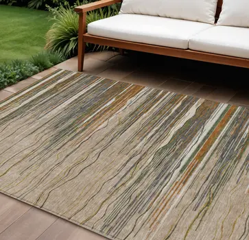 10' X 14' Taupe Copper And Green Striped Washable Indoor Outdoor Area Rug