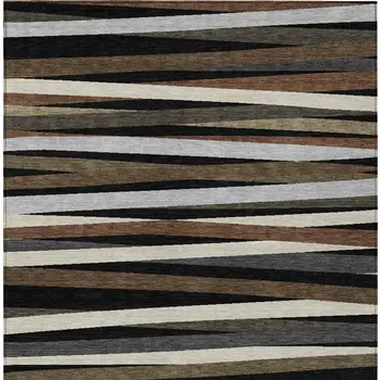 5' X 8' Black Brown And Ivory Striped Washable Indoor Outdoor Area Rug