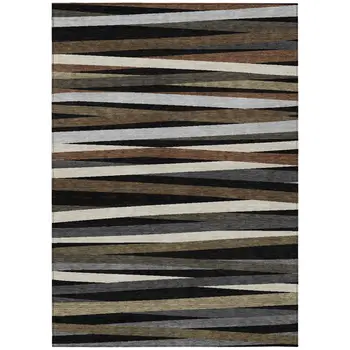 5' X 8' Black Brown And Ivory Striped Washable Indoor Outdoor Area Rug
