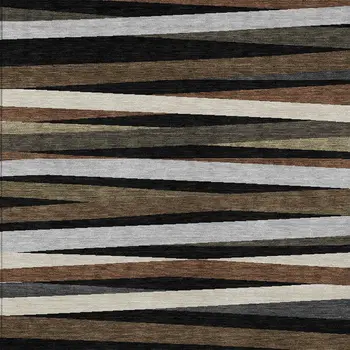 5' X 8' Black Brown And Ivory Striped Washable Indoor Outdoor Area Rug