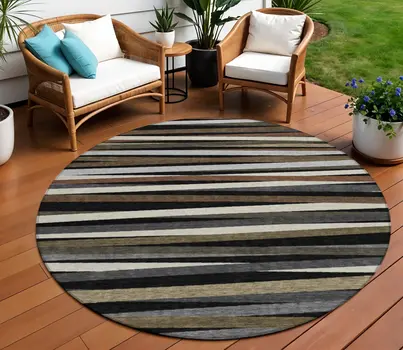 8' Black Brown And Ivory Round Striped Washable Indoor Outdoor Area Rug