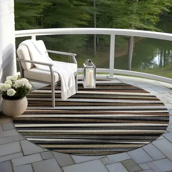 8' Black Brown And Ivory Round Striped Washable Indoor Outdoor Area Rug