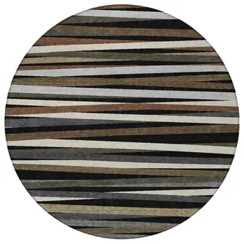 8' Black Brown And Ivory Round Striped Washable Indoor Outdoor Area Rug