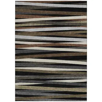 8' X 10' Black Brown And Ivory Striped Washable Indoor Outdoor Area Rug
