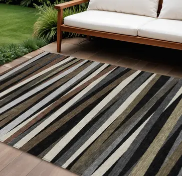 9' X 12' Black Brown And Ivory Striped Washable Indoor Outdoor Area Rug