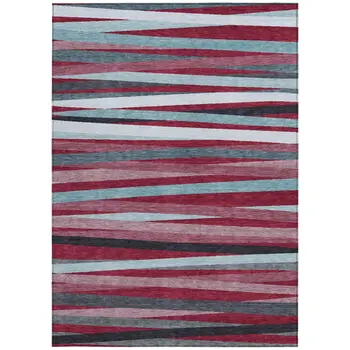 3' X 5' Burgundy Ivory And Blue Striped Washable Indoor Outdoor Area Rug