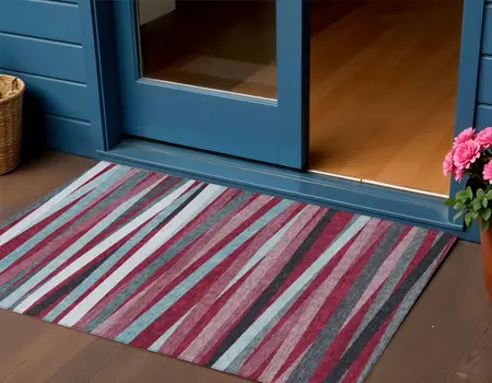 3' X 5' Burgundy Ivory And Blue Striped Washable Indoor Outdoor Area Rug