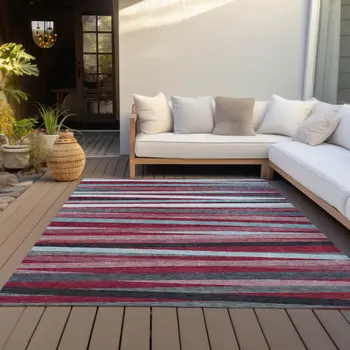 3' X 5' Burgundy Ivory And Blue Striped Washable Indoor Outdoor Area Rug