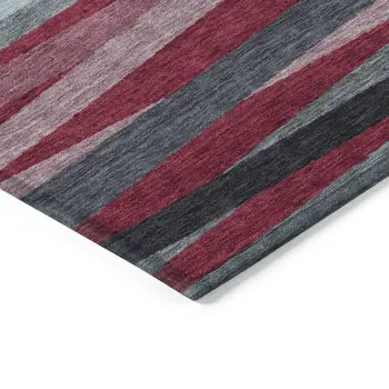 3' X 5' Burgundy Ivory And Blue Striped Washable Indoor Outdoor Area Rug