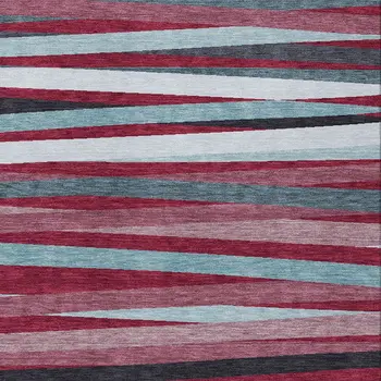 5' X 8' Burgundy Ivory And Blue Striped Washable Indoor Outdoor Area Rug