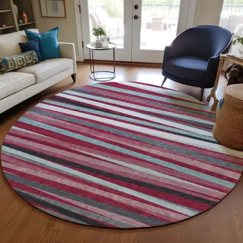 8' Burgundy Ivory And Blue Round Striped Washable Indoor Outdoor Area Rug