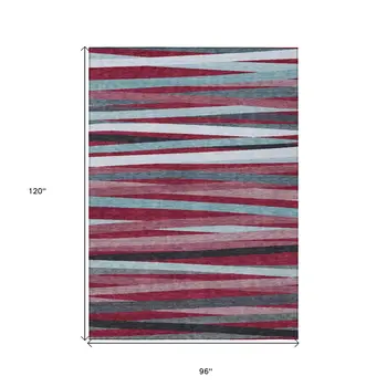 8' X 10' Burgundy Ivory And Blue Striped Washable Indoor Outdoor Area Rug