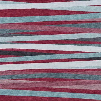 8' X 10' Burgundy Ivory And Blue Striped Washable Indoor Outdoor Area Rug