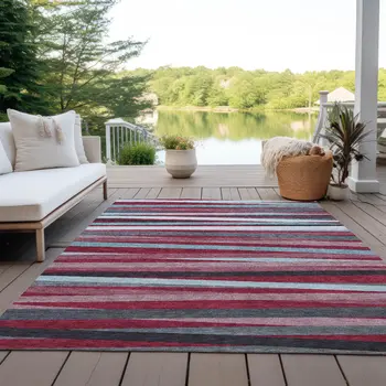 10' X 14' Burgundy Ivory And Blue Striped Washable Indoor Outdoor Area Rug
