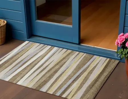 3' X 5' Brown Beige And Gray Striped Washable Indoor Outdoor Area Rug