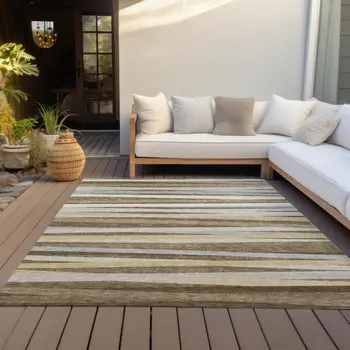 5' X 8' Brown Beige And Gray Striped Washable Indoor Outdoor Area Rug