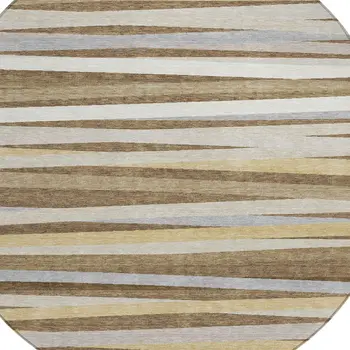 8' Brown Beige And Gray Round Striped Washable Indoor Outdoor Area Rug