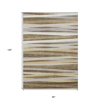 8' X 10' Brown Beige And Gray Striped Washable Indoor Outdoor Area Rug