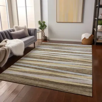 8' X 10' Brown Beige And Gray Striped Washable Indoor Outdoor Area Rug