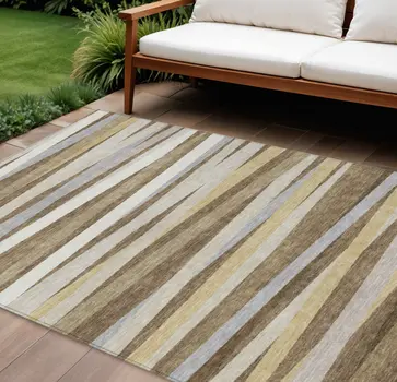 10' X 14' Brown Beige And Gray Striped Washable Indoor Outdoor Area Rug
