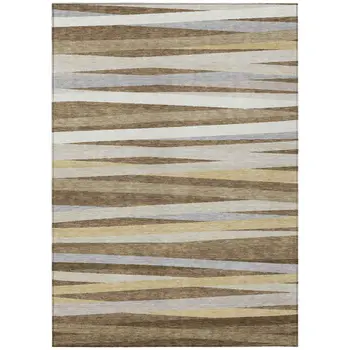 10' X 14' Brown Beige And Gray Striped Washable Indoor Outdoor Area Rug