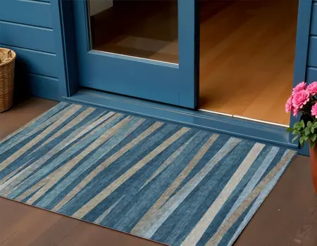 3' X 5' Denim Blue And Gray Striped Washable Indoor Outdoor Area Rug