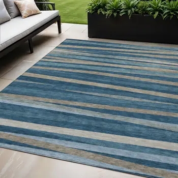 5' X 8' Denim Blue And Gray Striped Washable Indoor Outdoor Area Rug