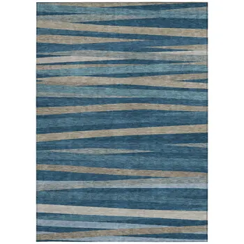 9' X 12' Denim Blue And Gray Striped Washable Indoor Outdoor Area Rug