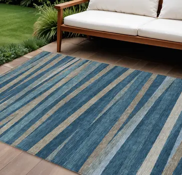 9' X 12' Denim Blue And Gray Striped Washable Indoor Outdoor Area Rug