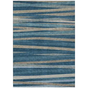 9' X 12' Denim Blue And Gray Striped Washable Indoor Outdoor Area Rug